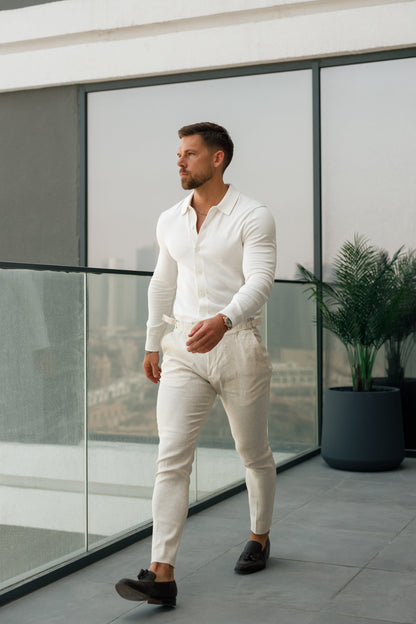 Timeless Elegance: Off White Knitted Long Sleeve Polo with Buttons by Father Sons - FSN172