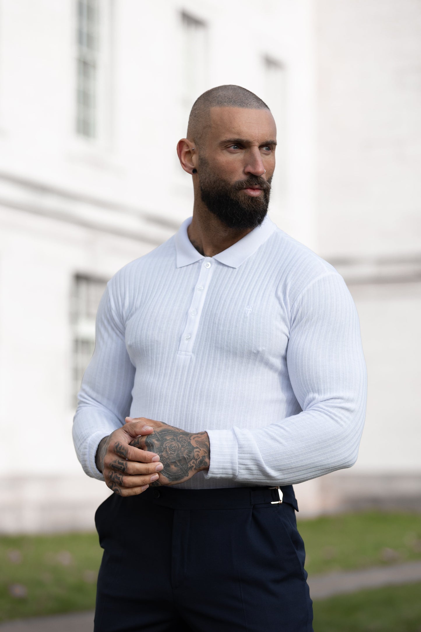 Timeless Elegance: Father Sons White Long Sleeve Ribbed Polo Shirt - FSH974
