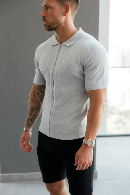 Elevate Your Wardrobe: Father Sons Light Grey Short Sleeve Knit Zip-Up with Chic Textured Design - FSN154