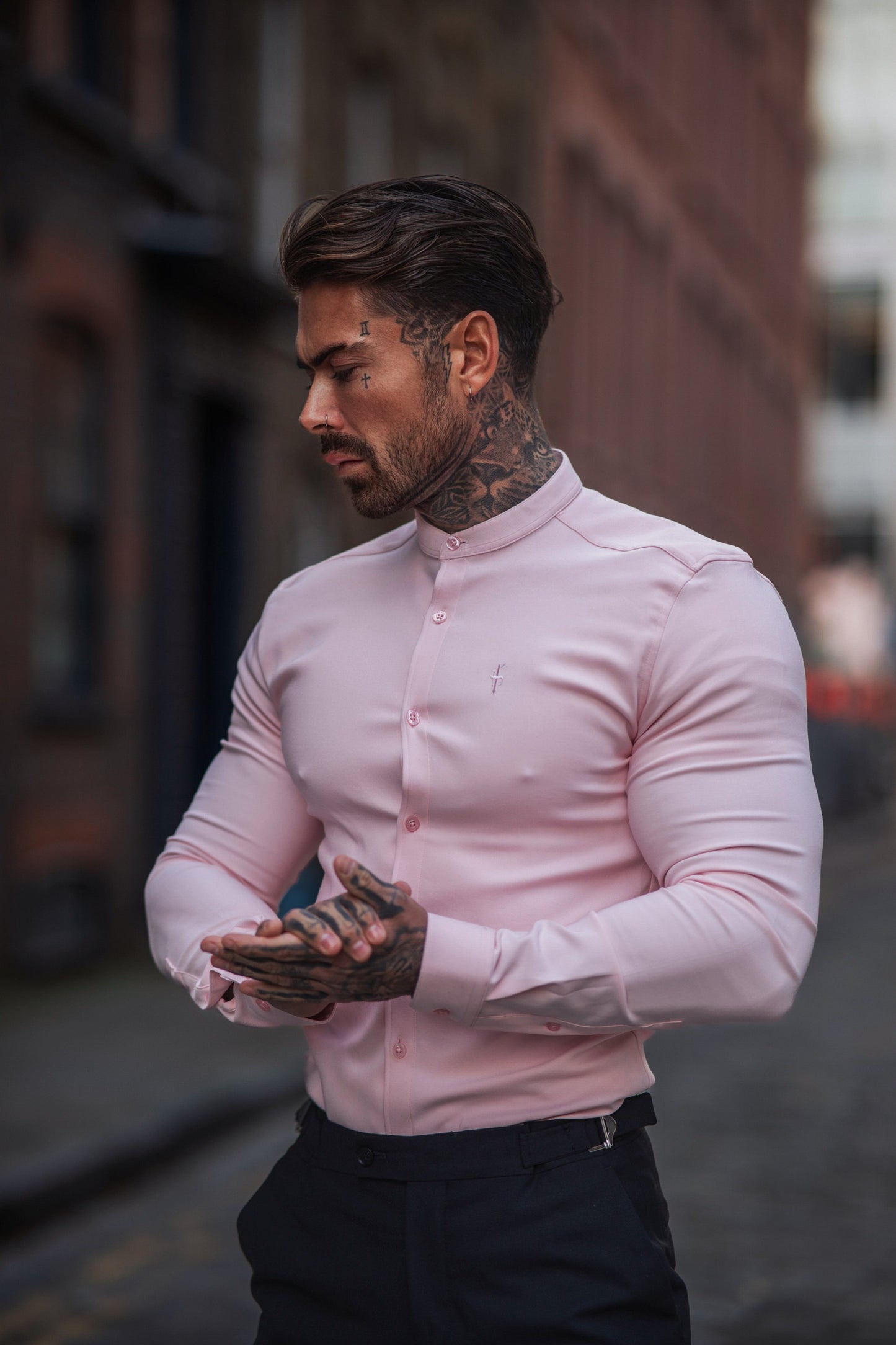 Elevate Your Style: Father Sons Super Slim Scuba Pink Long Sleeve Stretch Shirt with Grandad Collar - FS1004