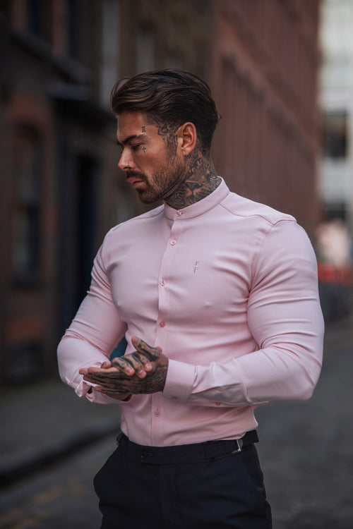 Elevate Your Style: Father Sons Super Slim Scuba Pink Long Sleeve Stretch Shirt with Grandad Collar - FS1004