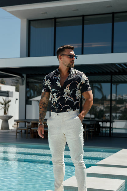 Timeless Stretch Short Sleeve Black Oriental Print Button-Up Shirt - FS1108