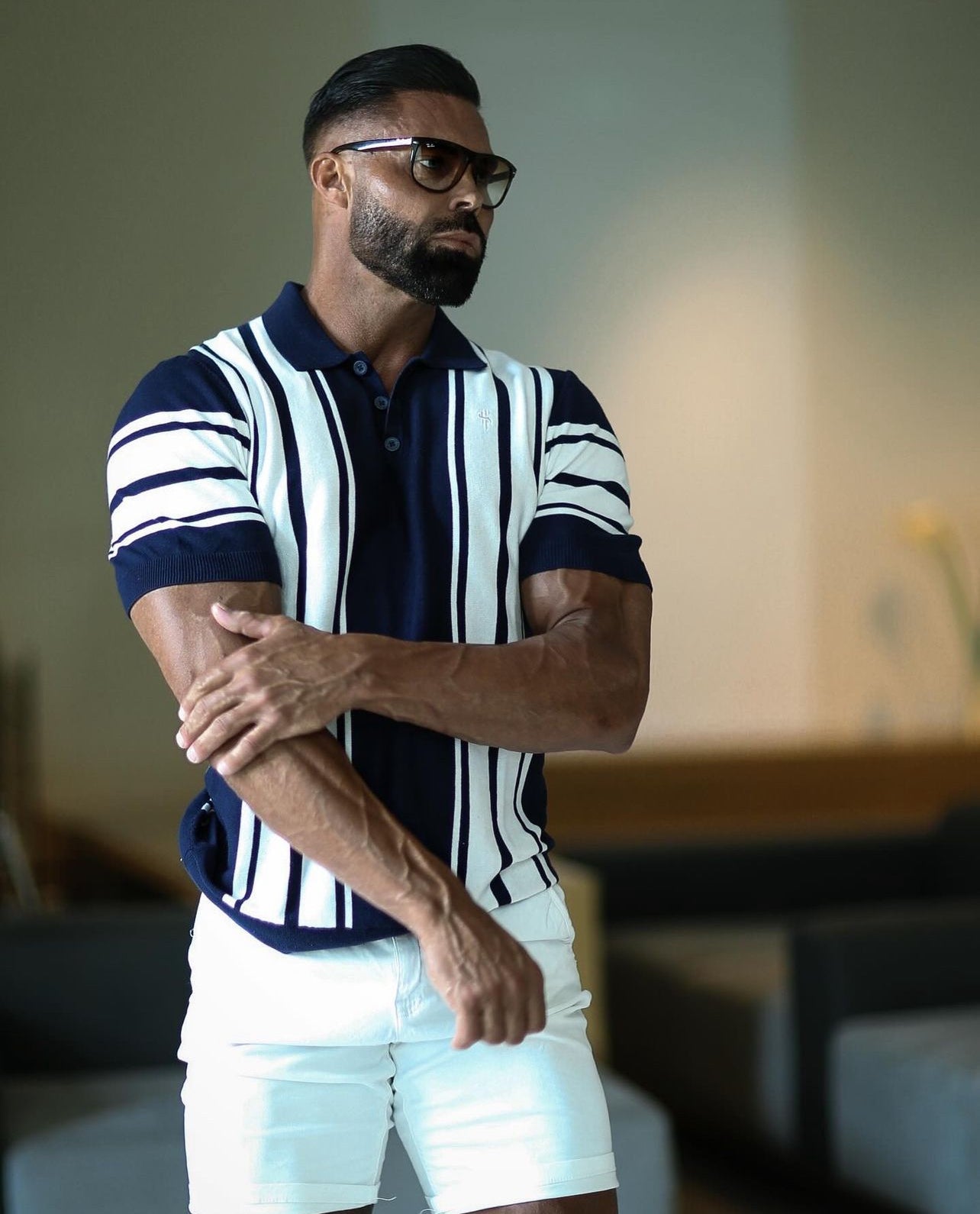 Elevate Your Style with Our Classic Navy & Off White Knitted Vertical Stripe Polo - Short Sleeve - FSN105
