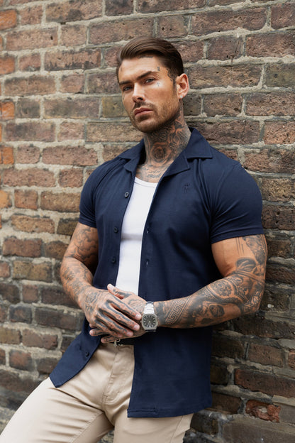 Elevate Your Style with the Father Sons Short Sleeve Navy Stretch Pique Revere Shirt - FSH1069