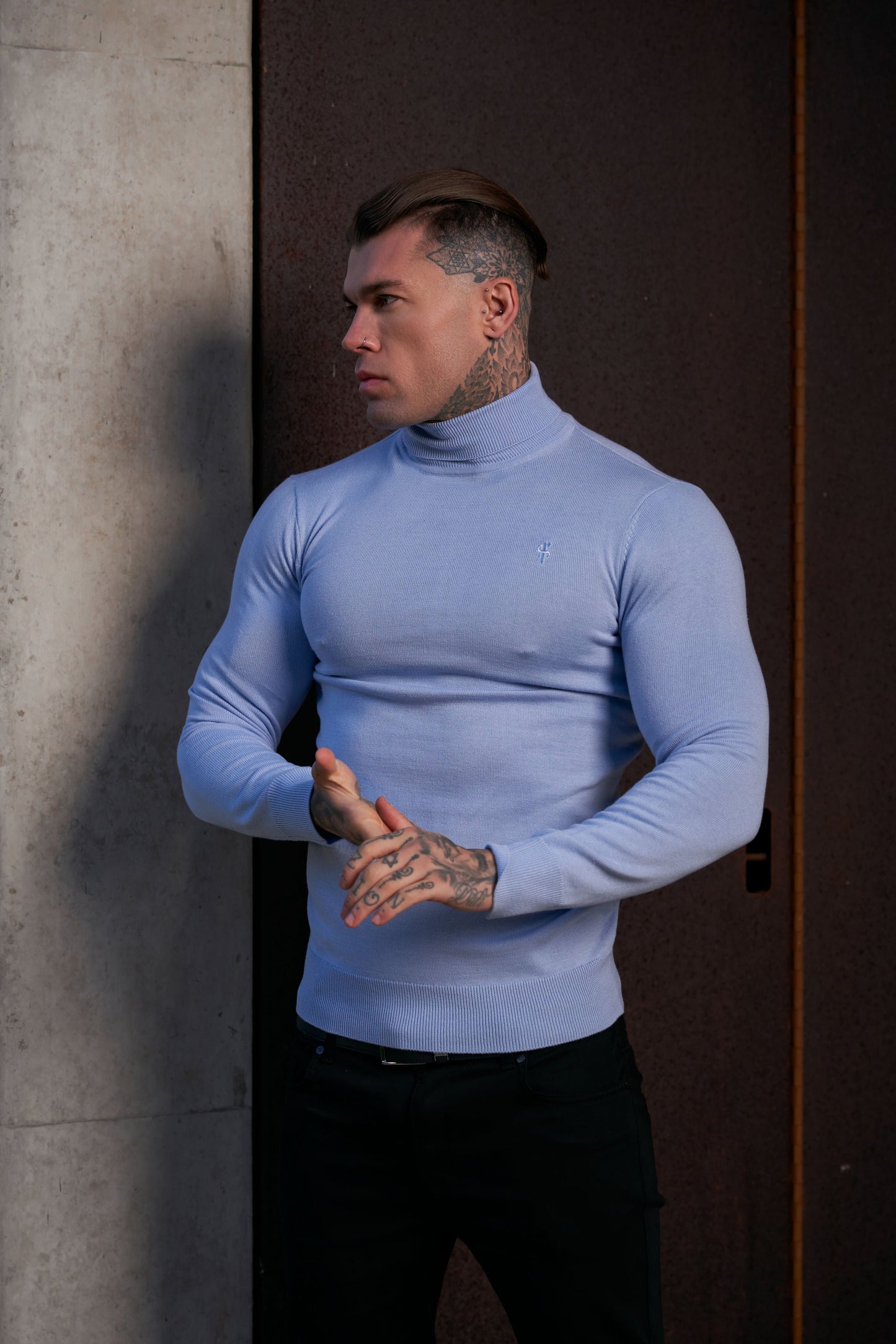 Elevate Your Wardrobe with the Father Sons Pale Blue Roll Neck Knitted Jumper Featuring a Stylish Tonal Emblem - FSN138