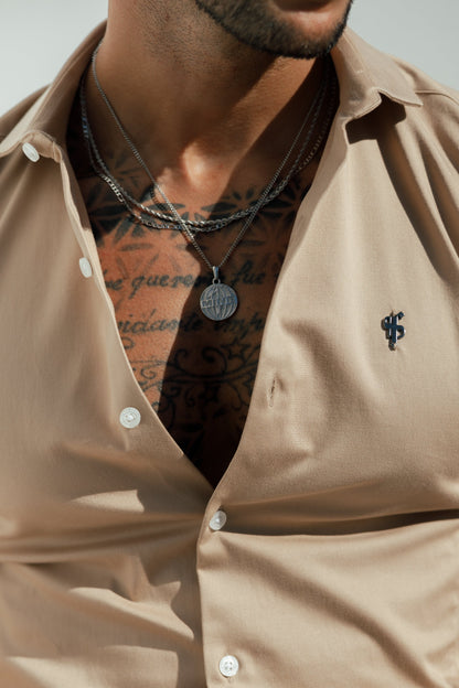 Elevate Your Wardrobe with the Father Sons Super Slim Stretch Vintage Beige Side Panel Long Sleeve Shirt - FS1089