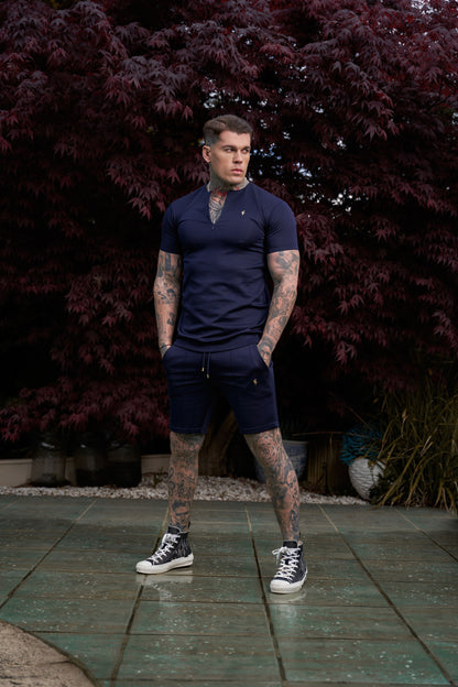 Elevate Your Style: Navy & Gold Short Sleeve Crew T-Shirt with Zip Detail by Father Sons - FSH1033