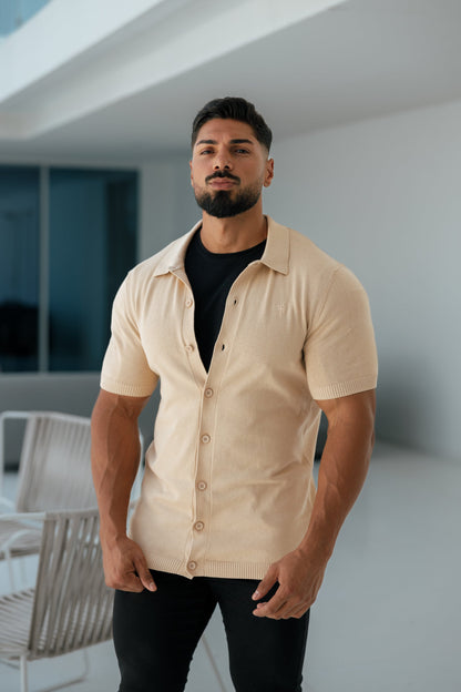 Elevate Your Style with the Father Sons Classic Beige Knitted Short Sleeve Polo – FSN104