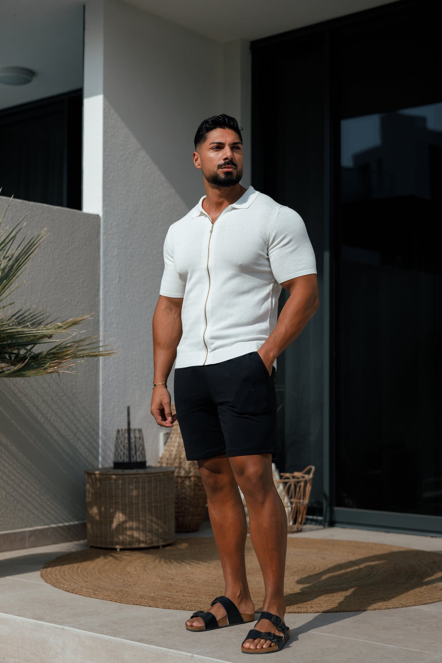 Elevate Your Style with the Father Sons Classic Knitted Textured Zip Sweater in Off White - Short Sleeve FSN152