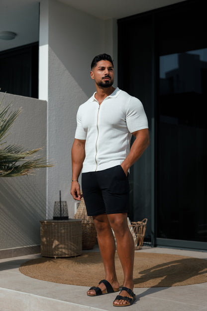 Elevate Your Style with the Father Sons Classic Knitted Textured Zip Sweater in Off White - Short Sleeve FSN152