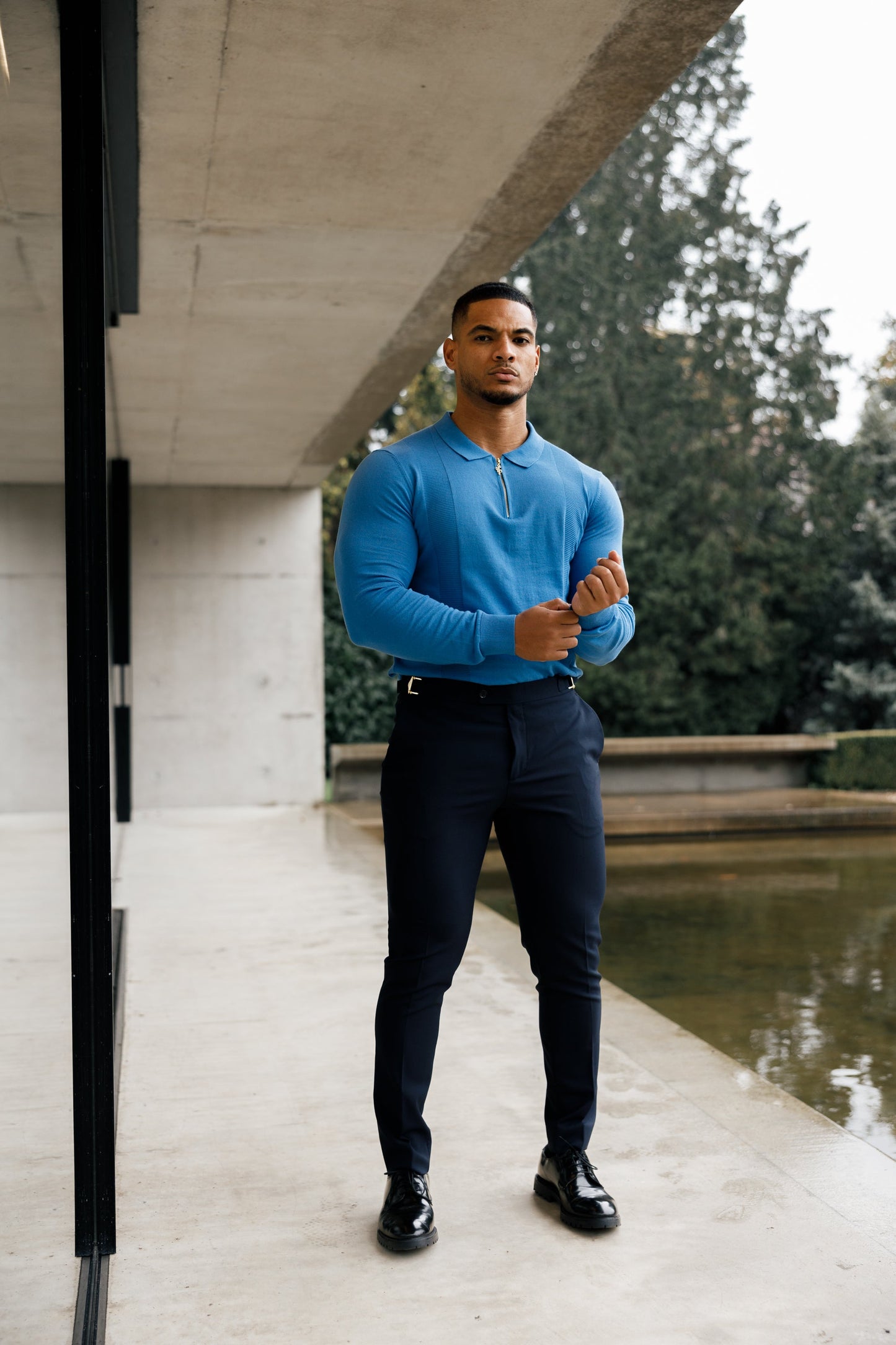 Elegant Mid Blue & Gold Long Sleeve Zip Knit Polo Shirt for Men - FSN129 by Father Sons
