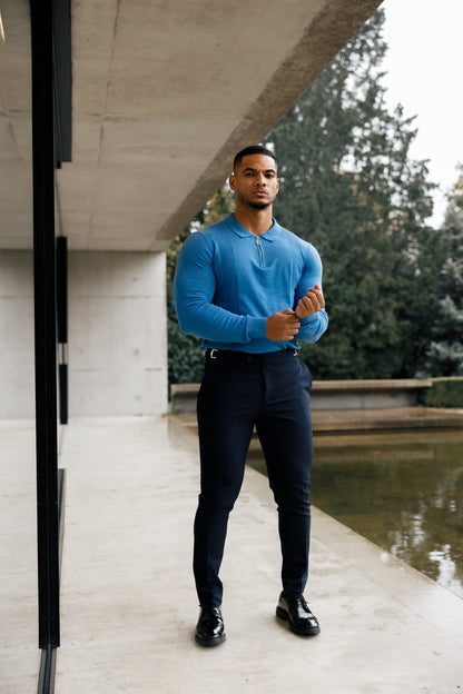 Elegant Mid Blue & Gold Long Sleeve Zip Knit Polo Shirt for Men - FSN129 by Father Sons