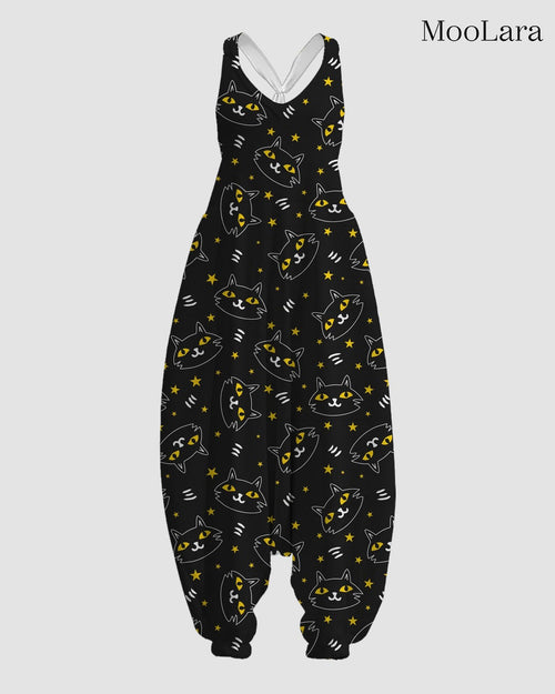 Women's Cat Head Print Sleeveless Jumpsuit Harem Pants