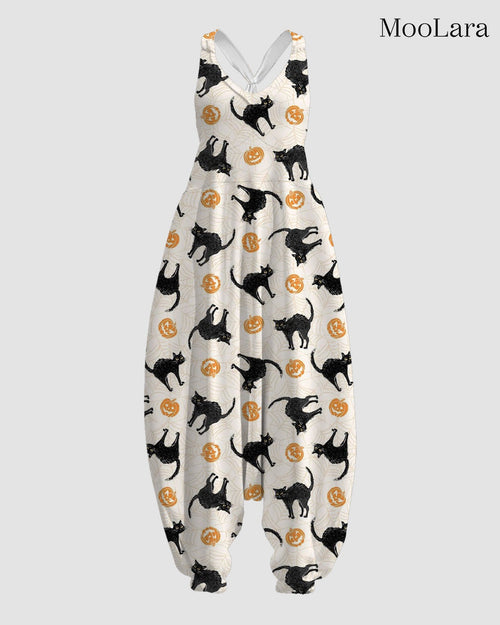 Women's Scared Cats Print Sleeveless Jumpsuit Harem Pants
