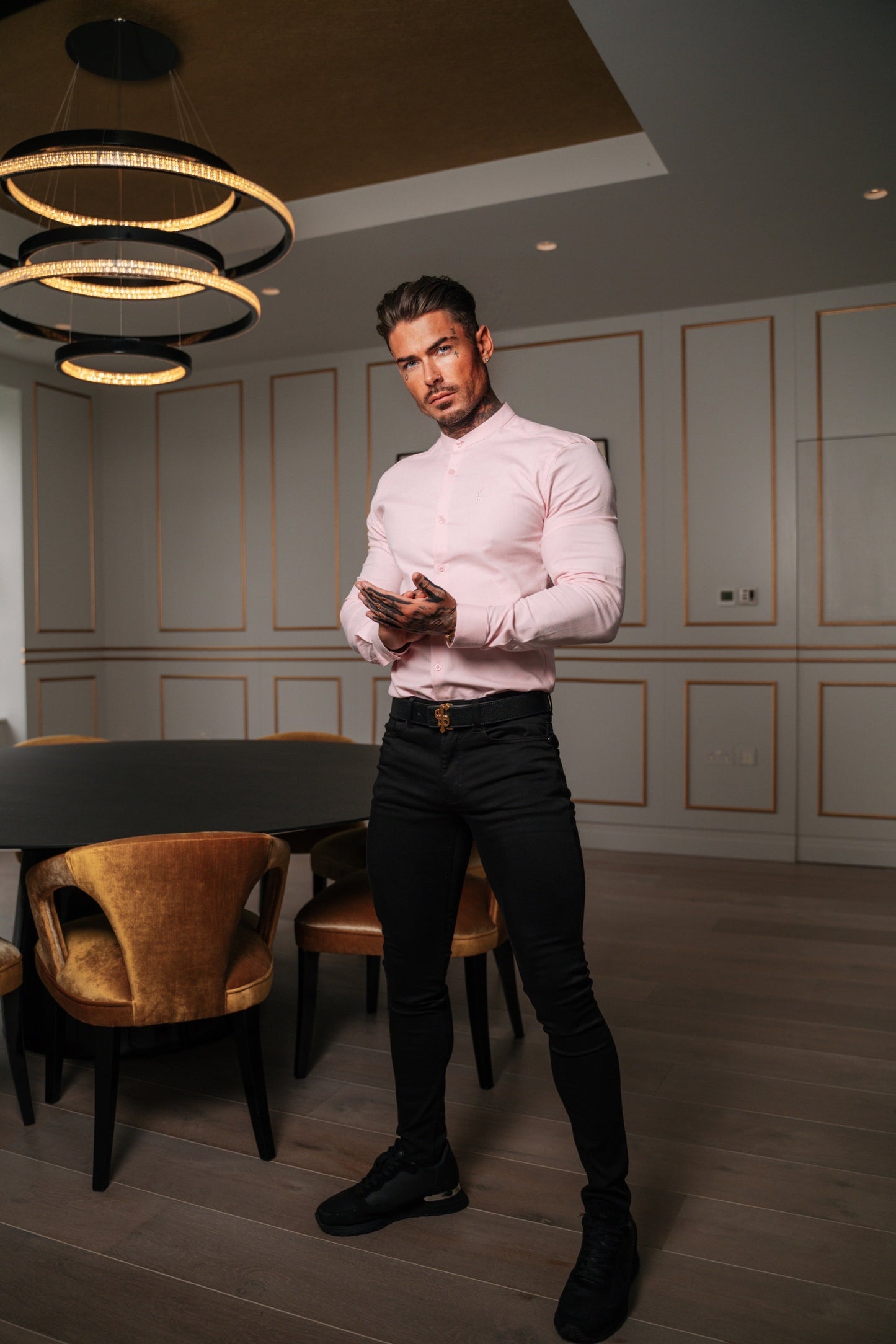 Elevate Your Style: Father Sons Super Slim Stretch Pink Oxford Shirt with Grandad Collar - FS952