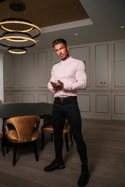 Elevate Your Style: Father Sons Super Slim Stretch Pink Oxford Shirt with Grandad Collar - FS952