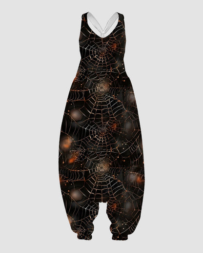 Women's Scary Cobweb Print Sleeveless Jumpsuit Harem Pants