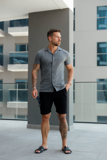 Elevate Your Style with the Father Sons Stretch Dark Grey Pique Revere Short Sleeve Shirt - FSH1073