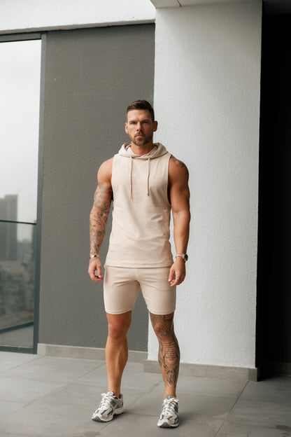 Elevate Your Workout: Father Sons Stylish Sleeveless Beige Gym Hoodie - FSH896