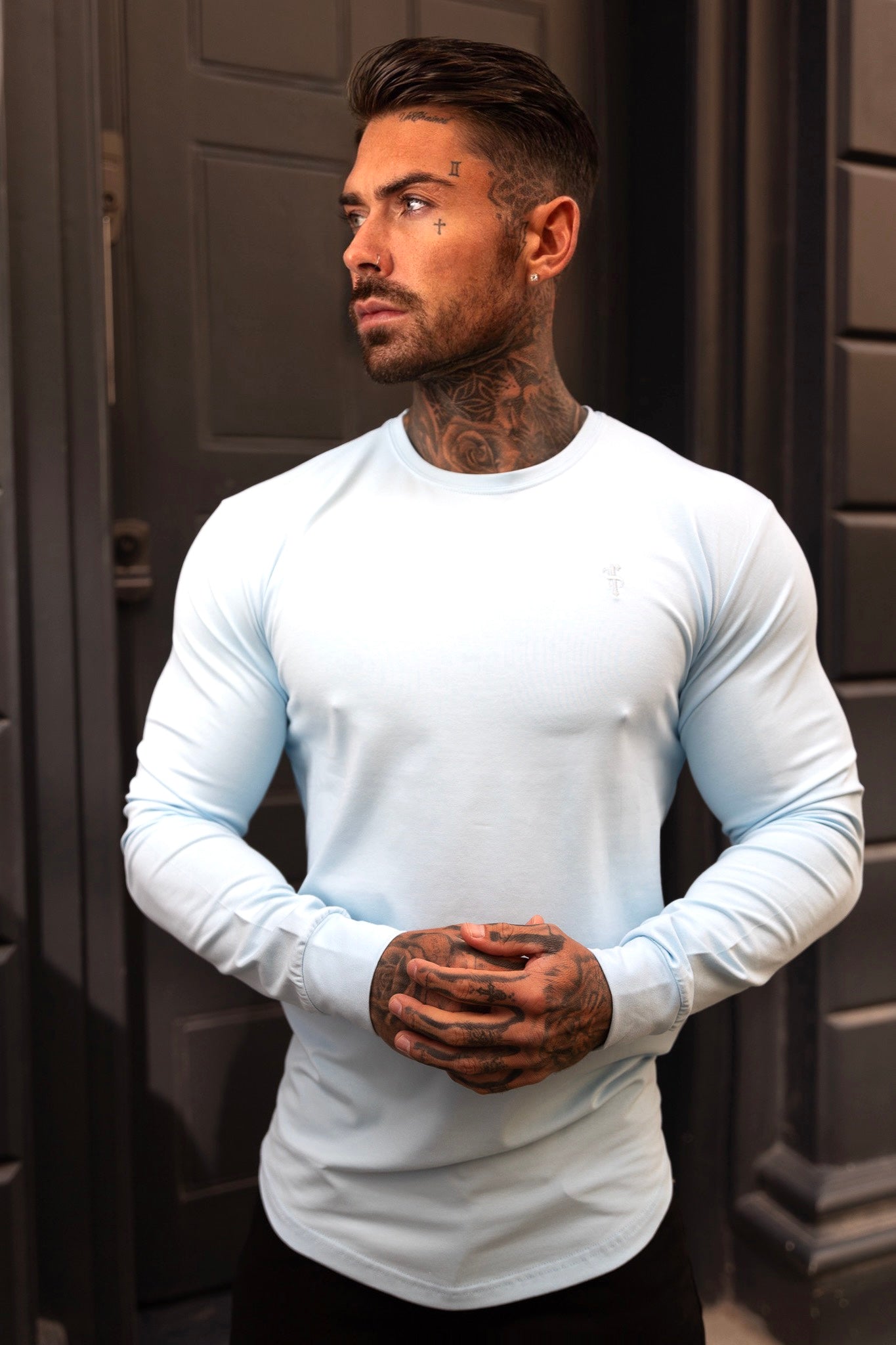 Elevate Your Style with the Father Sons Baby Blue Tonal Curved Hem Long Sleeve Crew Tee - FSH999