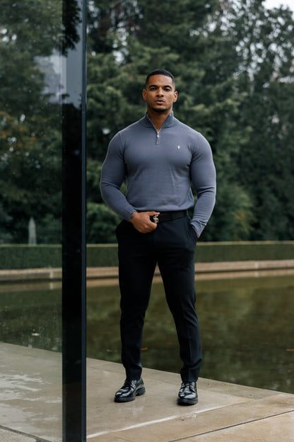 Stylish Gunmetal Grey Funnel Neck Half-Zip Knitted Sweater by Father Sons - FSN120