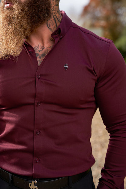 Elevate Your Style with Our Burgundy Super Slim Stretch Denim Long Sleeve Shirt Featuring a Sleek Metal Decal Emblem - FS628