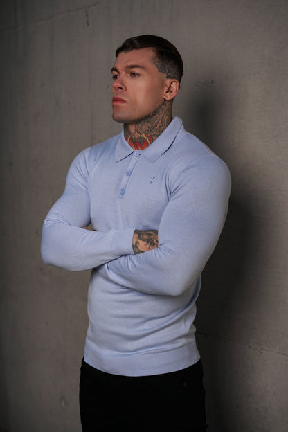 Timeless Pale Blue Knitted Polo Jumper for Men - Long Sleeve with Subtle Tonal FS Embroidery - Model FSN142