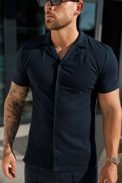 Elevate Your Style with the Father Sons Short Sleeve Navy Stretch Pique Revere Shirt - FSH1069