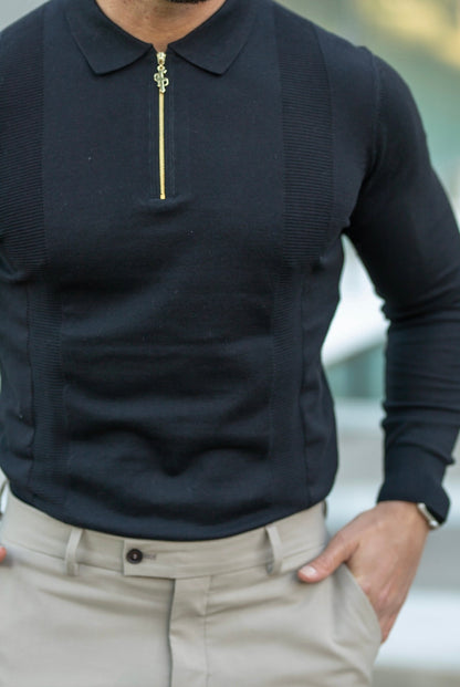 Elevate Your Wardrobe with the Father Sons Timeless Black and Gold Long Sleeve Zip Polo Shirt - FSN126