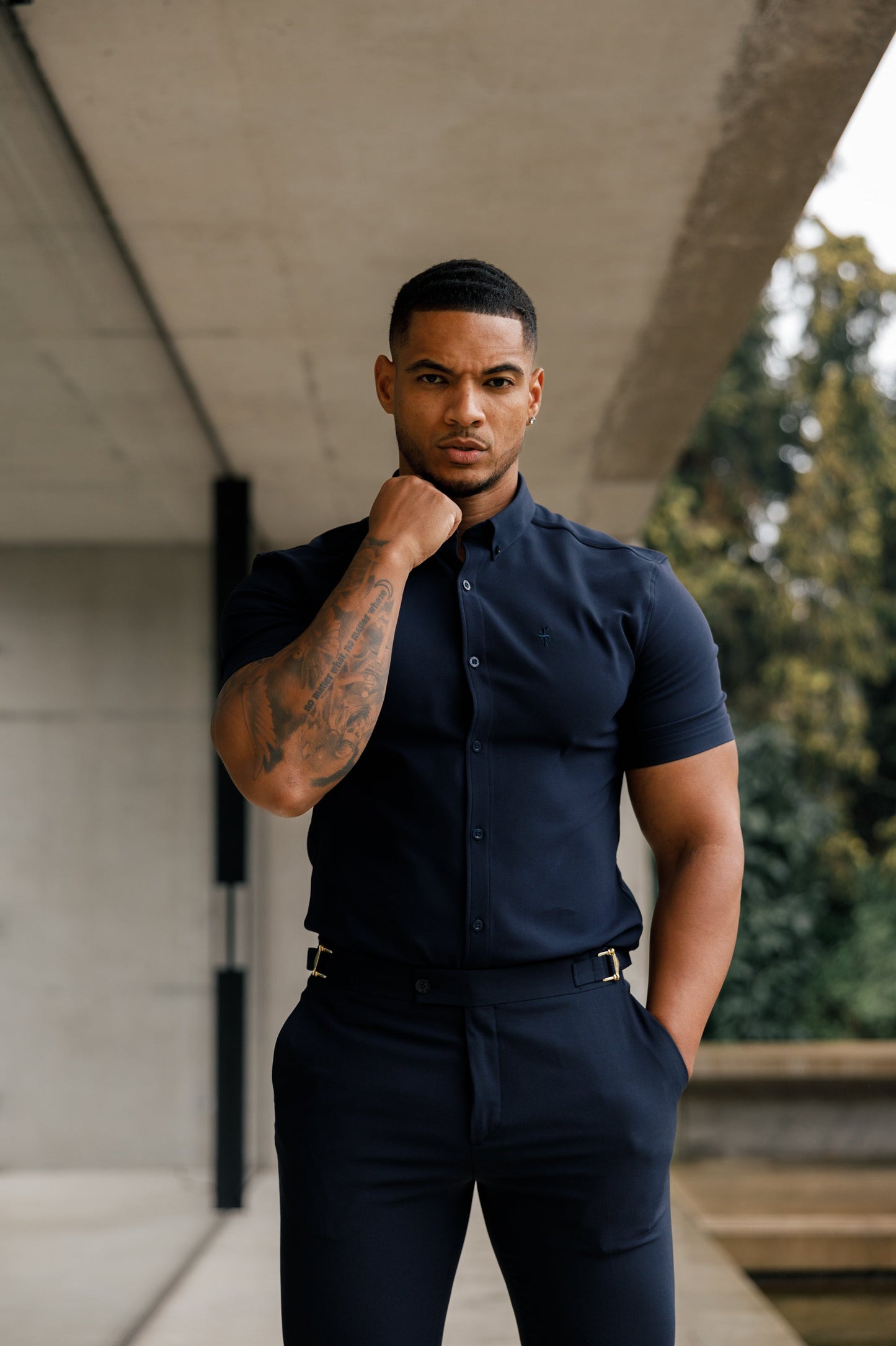 Elevate Your Style with Father Sons Super Slim Navy Scuba Short Sleeve Stretch Shirt - FS832