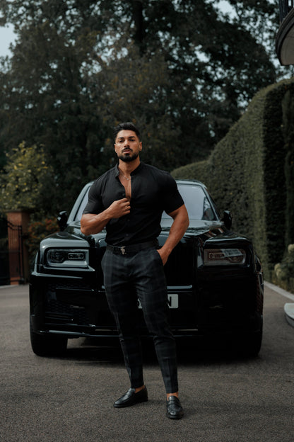 Elevate Your Style with the Father Sons Super Slim Stretch Oxford Shirt - All Black Grandad Collar, Short Sleeve - FS582