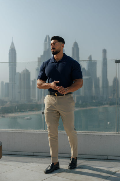 Elegant Navy Knitted Polo Shirt for Men - Short Sleeve Classic by Father Sons - FSN109