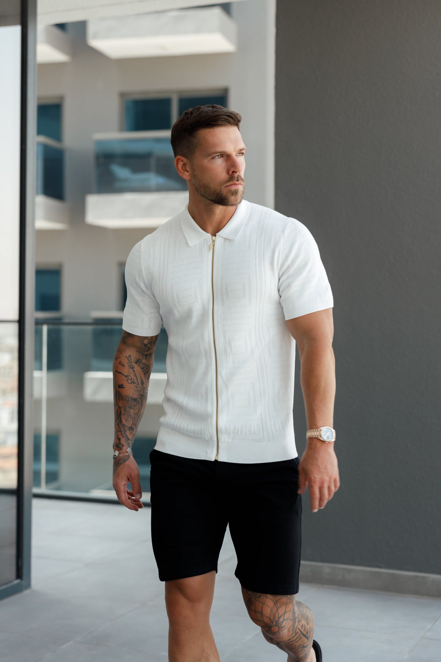 Elevate Your Style: Father Sons Classic Geo Knit Short Sleeve Zip-Up in Off White - FSN148