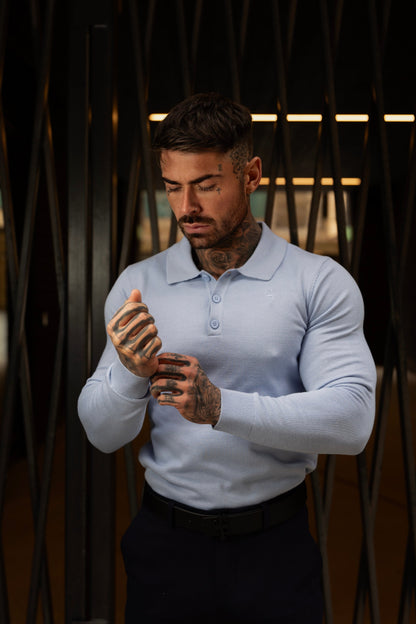 Timeless Pale Blue Knitted Polo Jumper for Men - Long Sleeve with Subtle Tonal FS Embroidery - Model FSN142