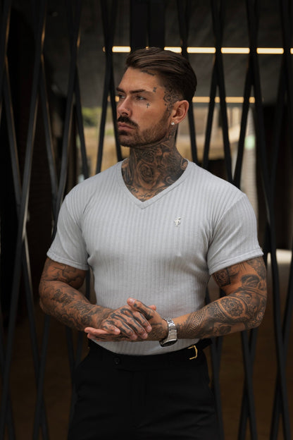 Elevate Your Wardrobe with the Father Sons Classic Light Grey/Silver V-Neck Ribbed Crew - FSH1126