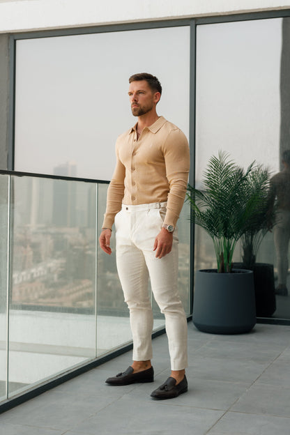 Elevate Your Formal Look with Father Sons Slim Cream Linen Trousers Featuring Side Adjusters - FST020