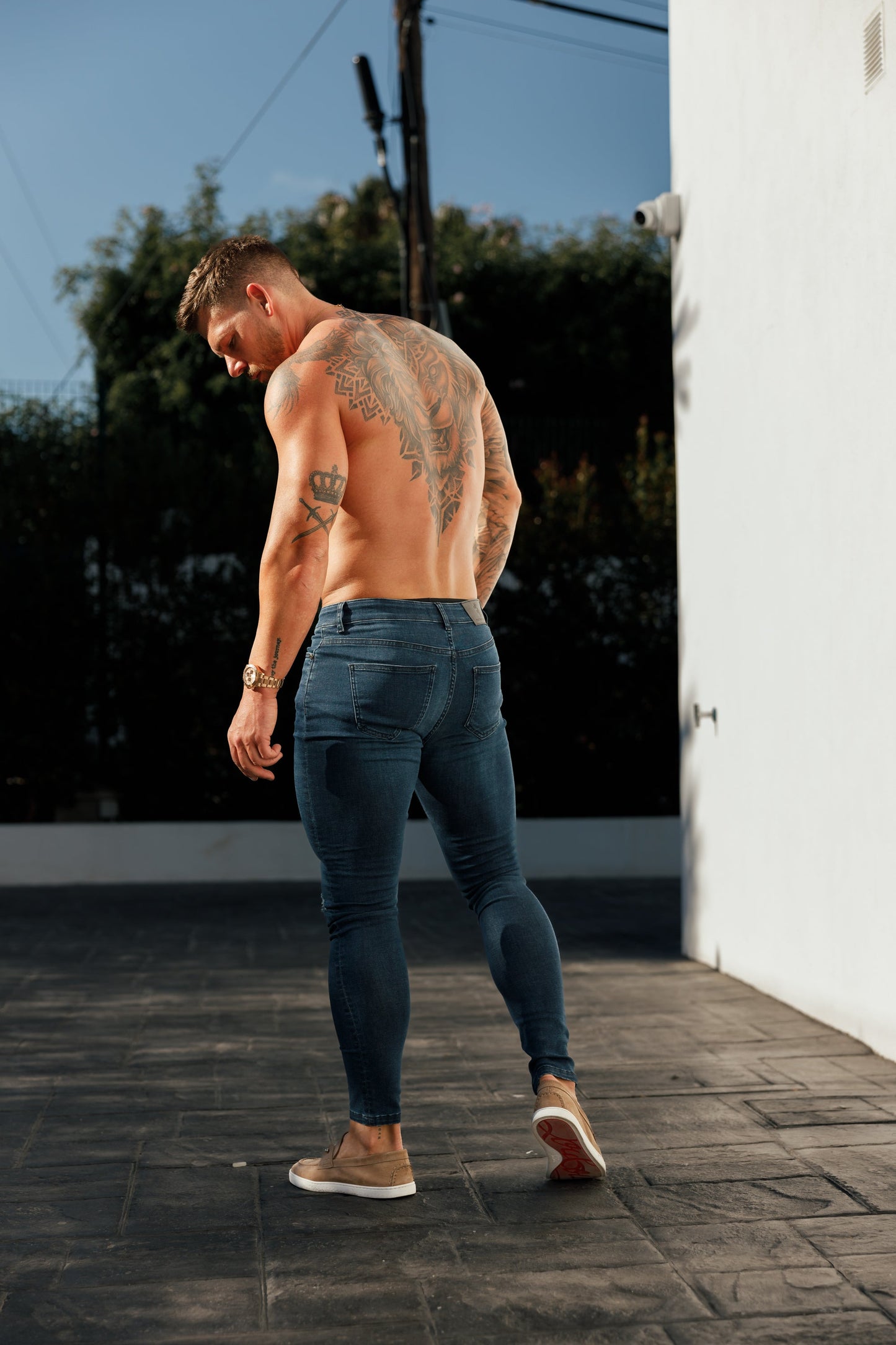 Father Sons Slim Fit Mid Blue Ultra Stretch Jeans with Trendy Knee Rips - FSJEAN011