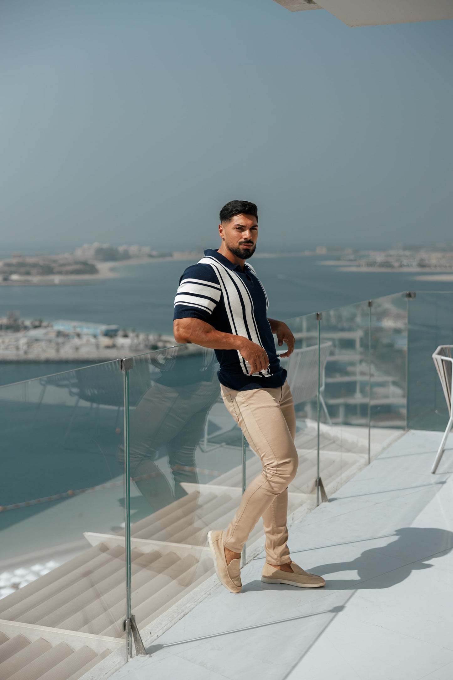 Elevate Your Style with Our Classic Navy & Off White Knitted Vertical Stripe Polo - Short Sleeve - FSN105