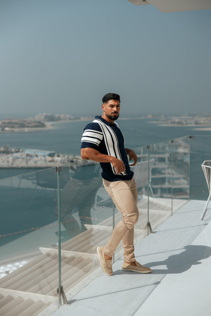 Elevate Your Style with Our Classic Navy & Off White Knitted Vertical Stripe Polo - Short Sleeve - FSN105