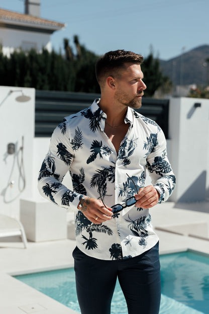 Essential Stretch Long Sleeve Button-Down Shirt in White with Ink Print - FS1100