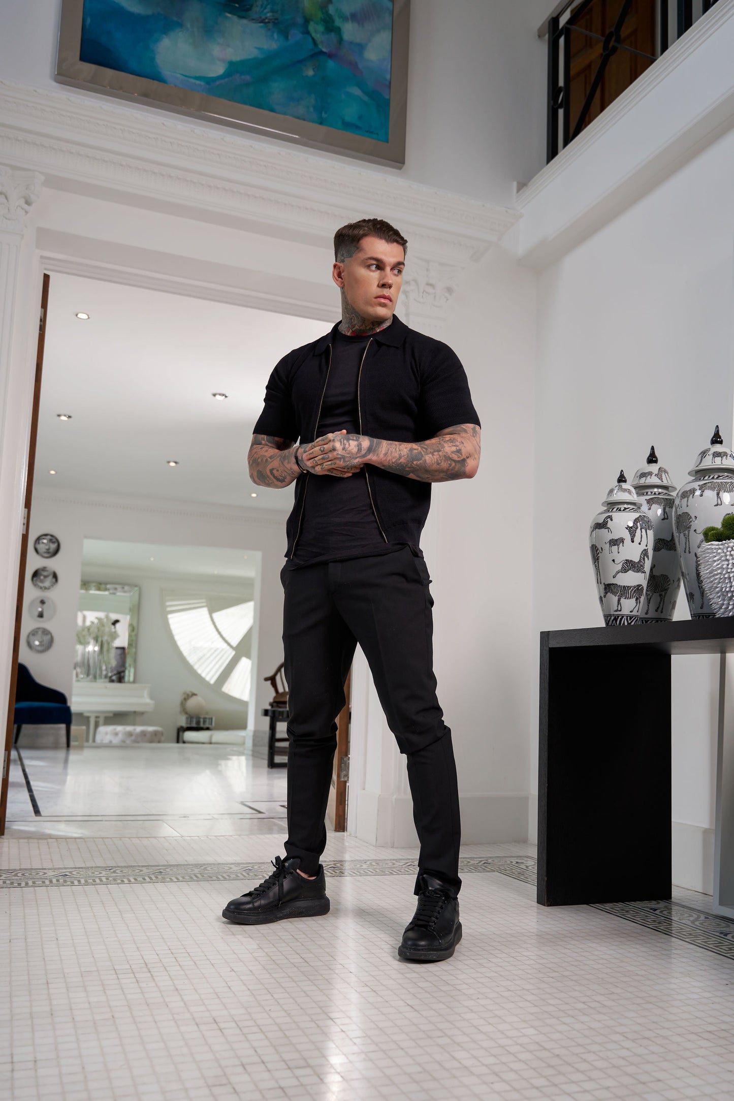 Stylish Black Short Sleeve Zip-Up Knit Sweater with Classic Textured Design - Father Sons Collection - FSN151
