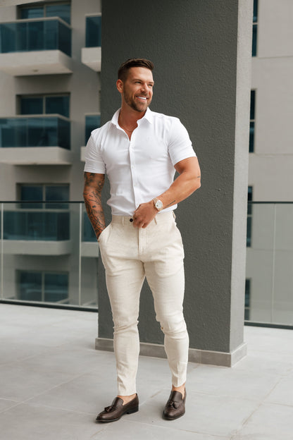 Elevate Your Style with Father Sons Slim Fit Cream Linen Trousers Featuring Belt Loops - FST019