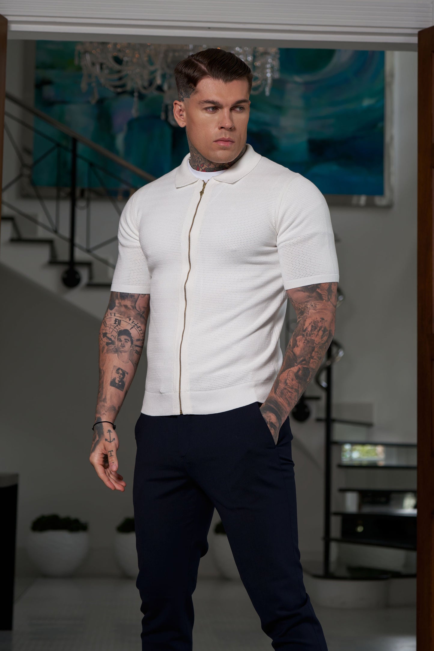Elevate Your Style with the Father Sons Classic Knitted Textured Zip Sweater in Off White - Short Sleeve FSN152