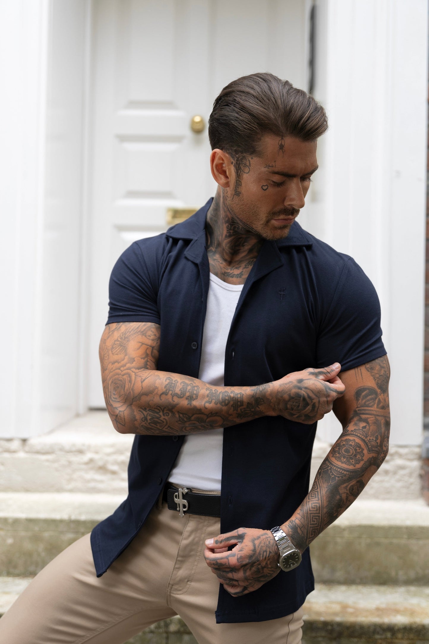 Elevate Your Style with the Father Sons Short Sleeve Navy Stretch Pique Revere Shirt - FSH1069