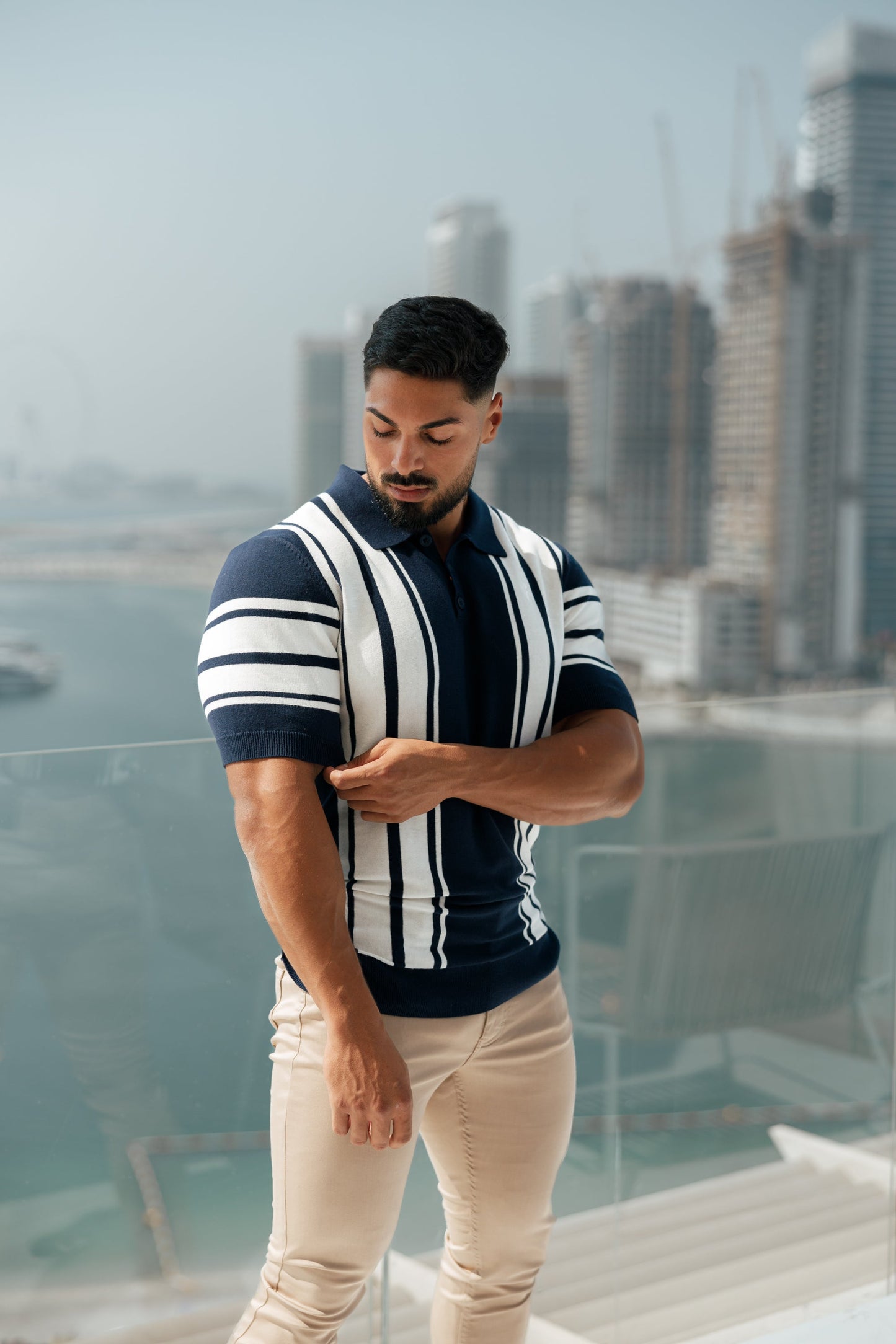 Elevate Your Style with Our Classic Navy & Off White Knitted Vertical Stripe Polo - Short Sleeve - FSN105