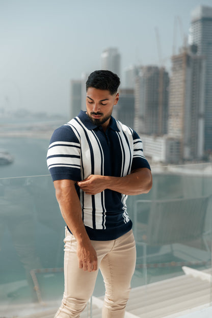 Elevate Your Style with Our Classic Navy & Off White Knitted Vertical Stripe Polo - Short Sleeve - FSN105