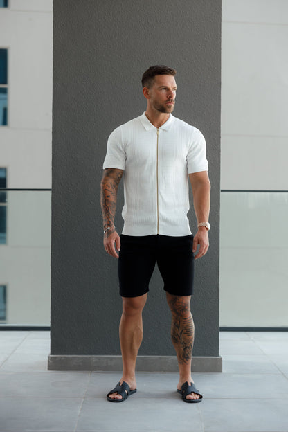 Elevate Your Style: Father Sons Classic Geo Knit Short Sleeve Zip-Up in Off White - FSN148