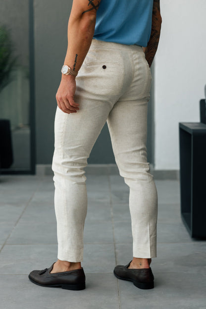 Elevate Your Formal Look with Father Sons Slim Cream Linen Trousers Featuring Side Adjusters - FST020