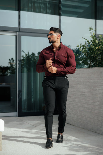 Father Sons Burgundy Super Slim Stretch Denim Shirt with Gold Accents and Button-down Collar - FS1046