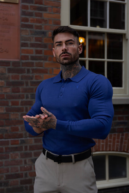 Classic Ocean Blue Knitted Long Sleeve Polo Jumper for Men with Stylish Tonal FS Embroidery - Father Sons Collection
